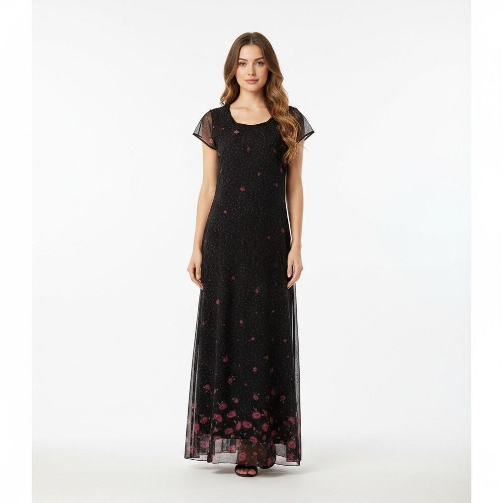 90s Y2K Black Red Rose Floral Mesh Maxi Dress Sheer Grunge Romantic Medium Vampy